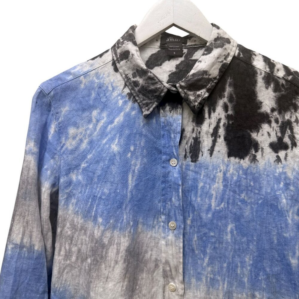 Pure Amici Linen Shirt Size Small Blue Gray Tie Dye Womens Button Up Top - Picture 2 of 8